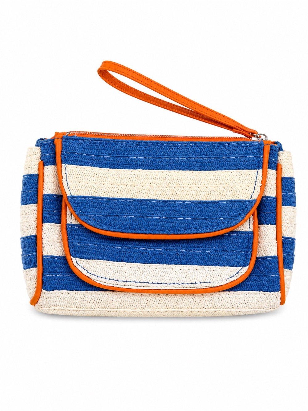 Blue & White Striped Straw Wristlet Clutch Orange Trim Bag